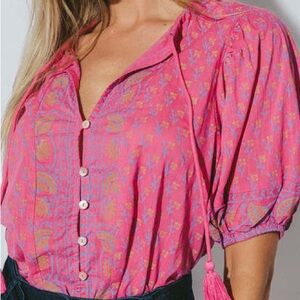 Cleobella Amari Blouse Puff Sleeve Indian Block Print cotton XS Hot Pink